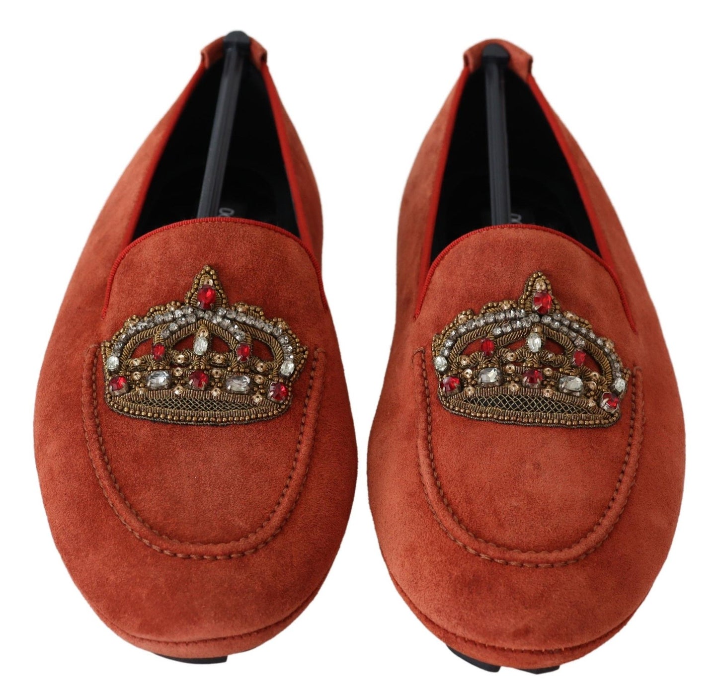 Orange Leather Crystal Crown Loafers Shoes