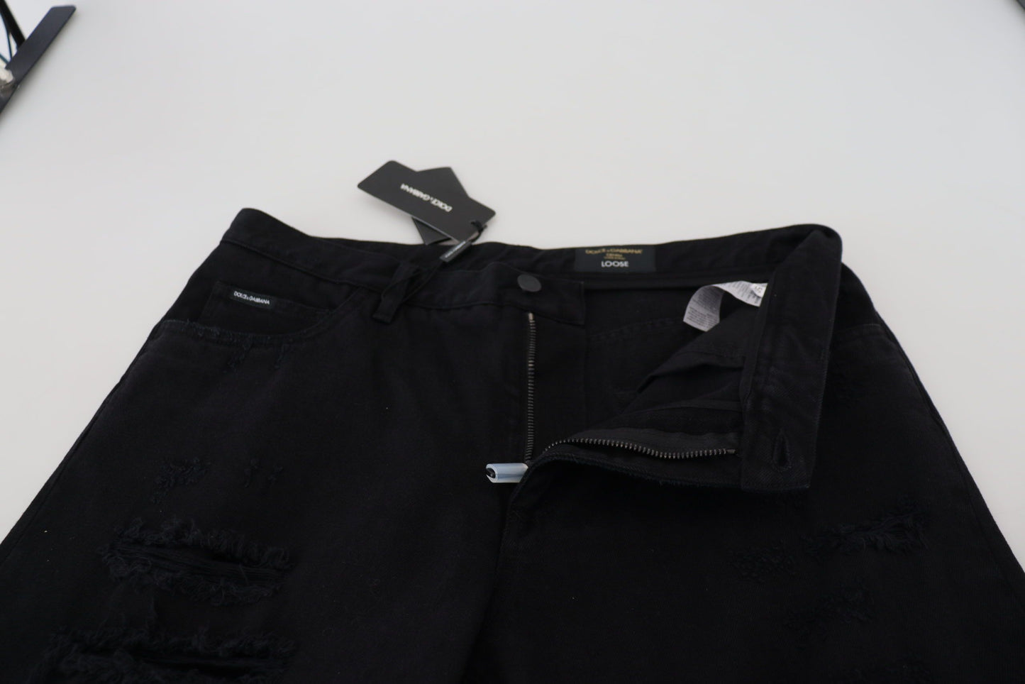 Black Loose Regular Torn Cotton Jeans