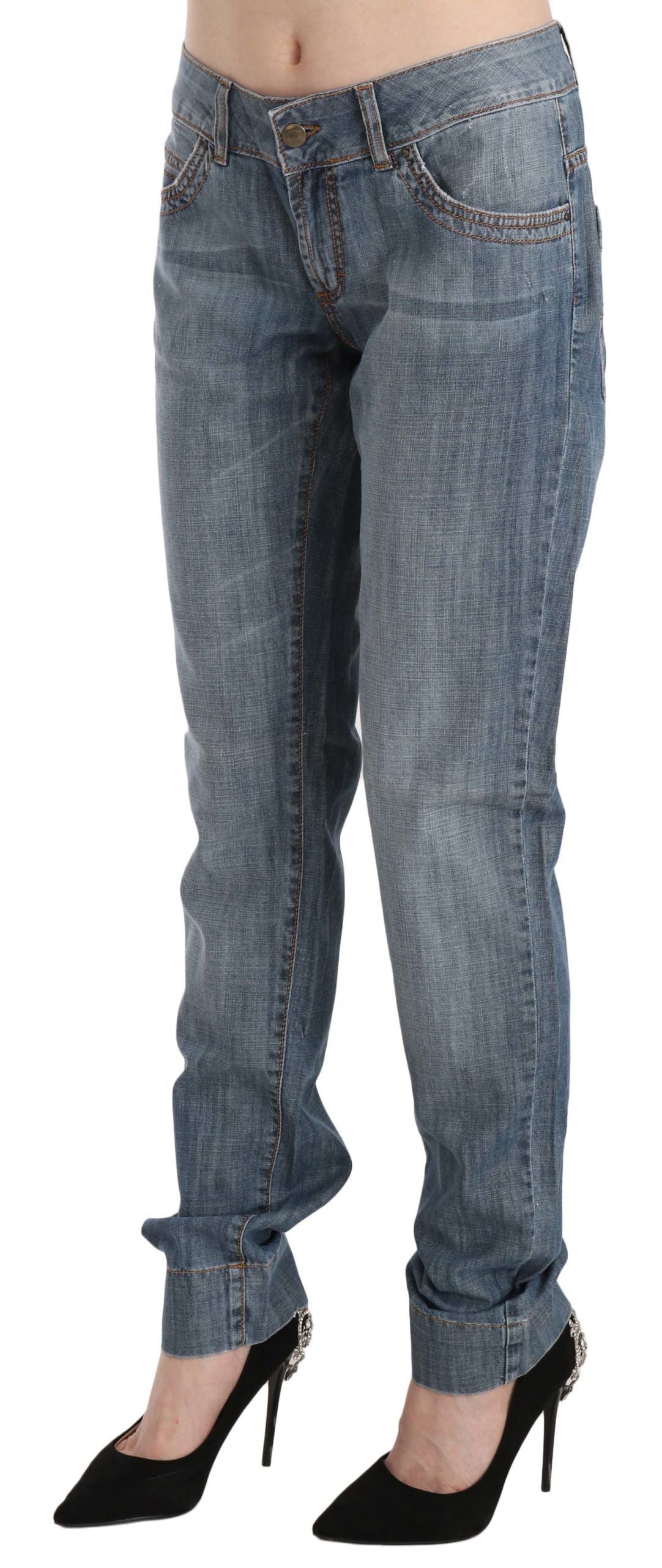 Blue Washed Cotton Low Waist Slim Fit Denim Pants