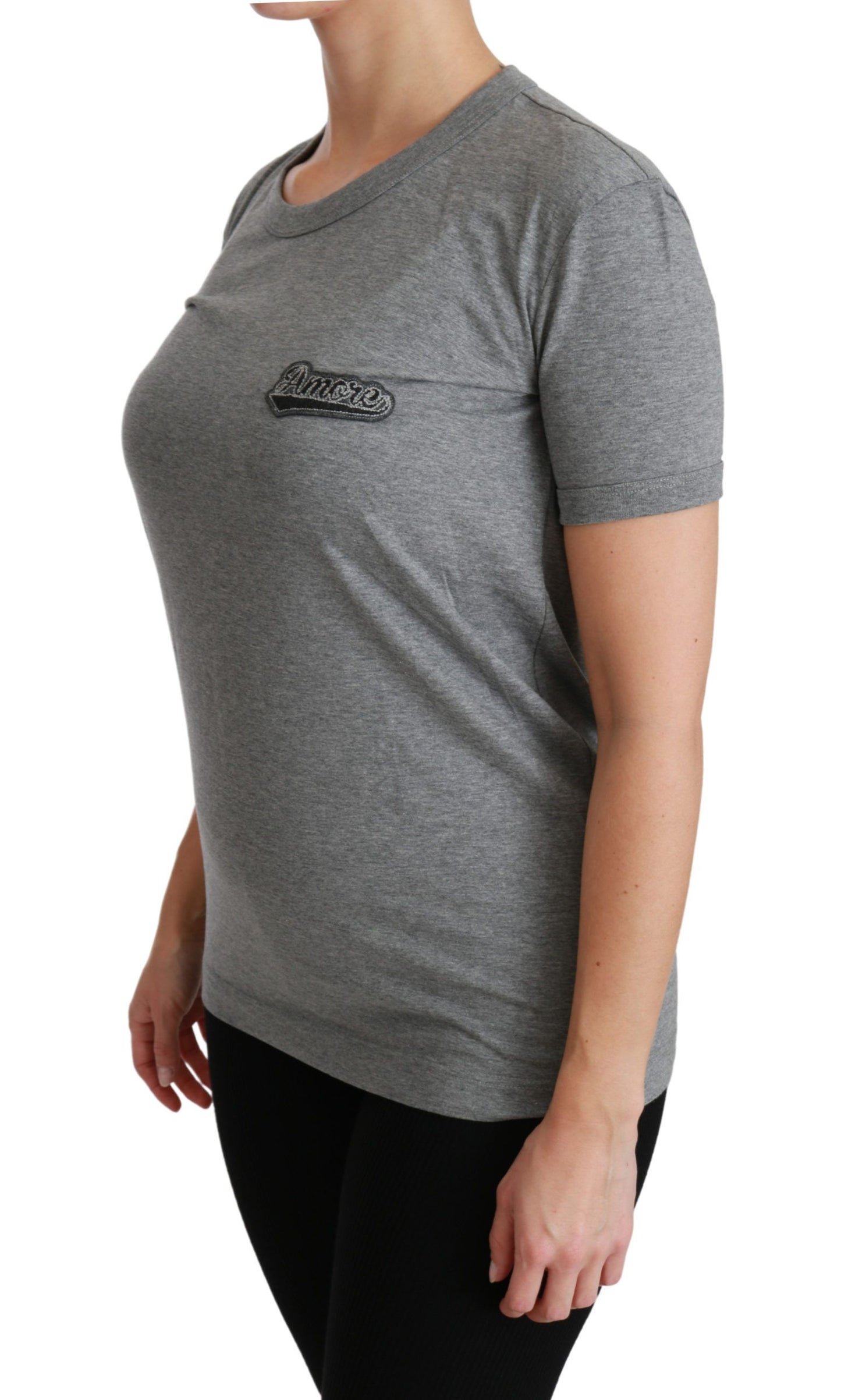 Gray Crewneck Amore Patch Cotton Top T-shirt