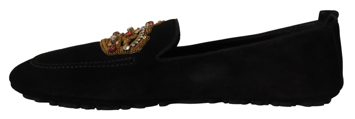 Black Leather Crystal Gold Crown Loafers Shoes