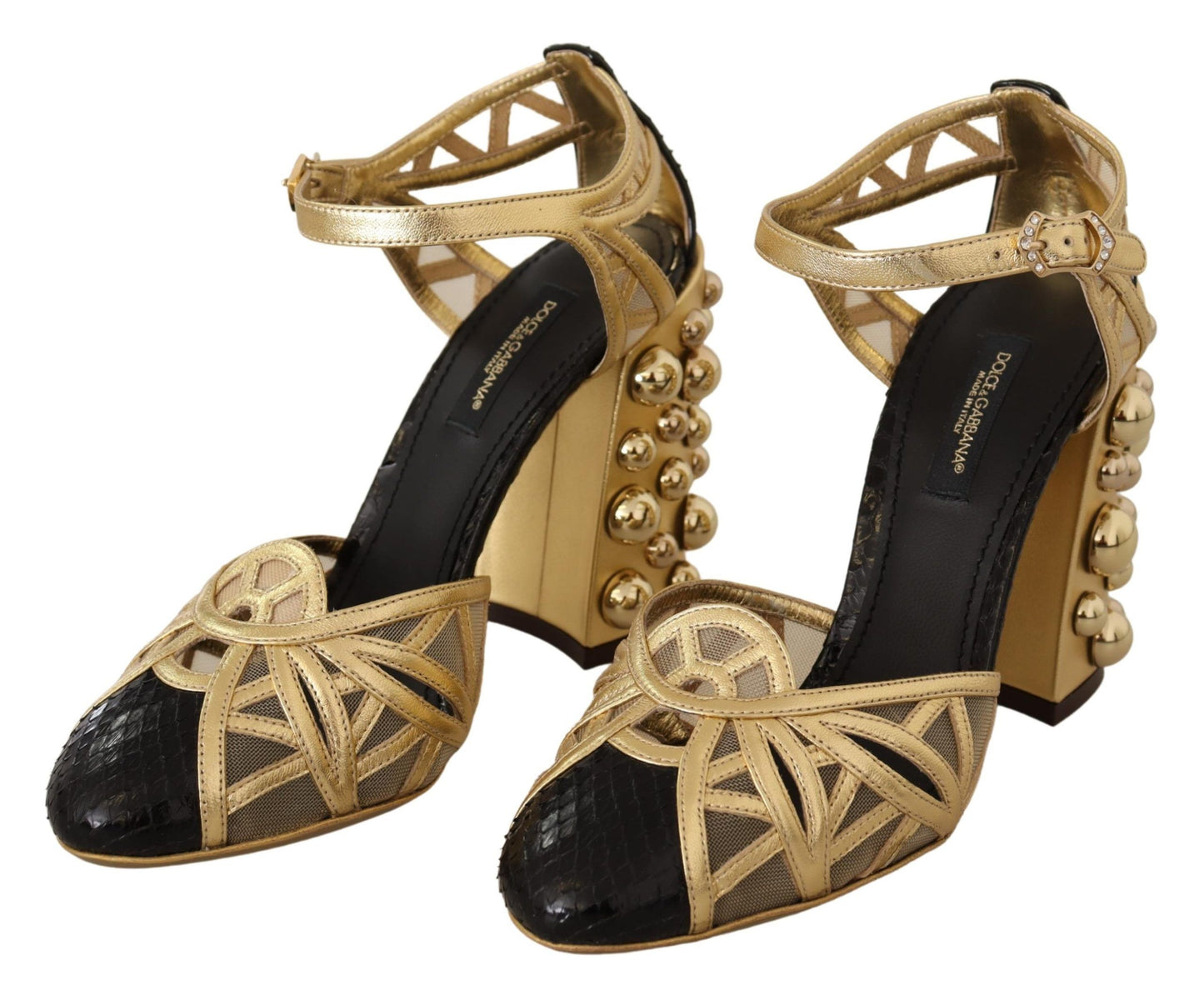Black Gold Leather Studded Ankle Straps Shoes