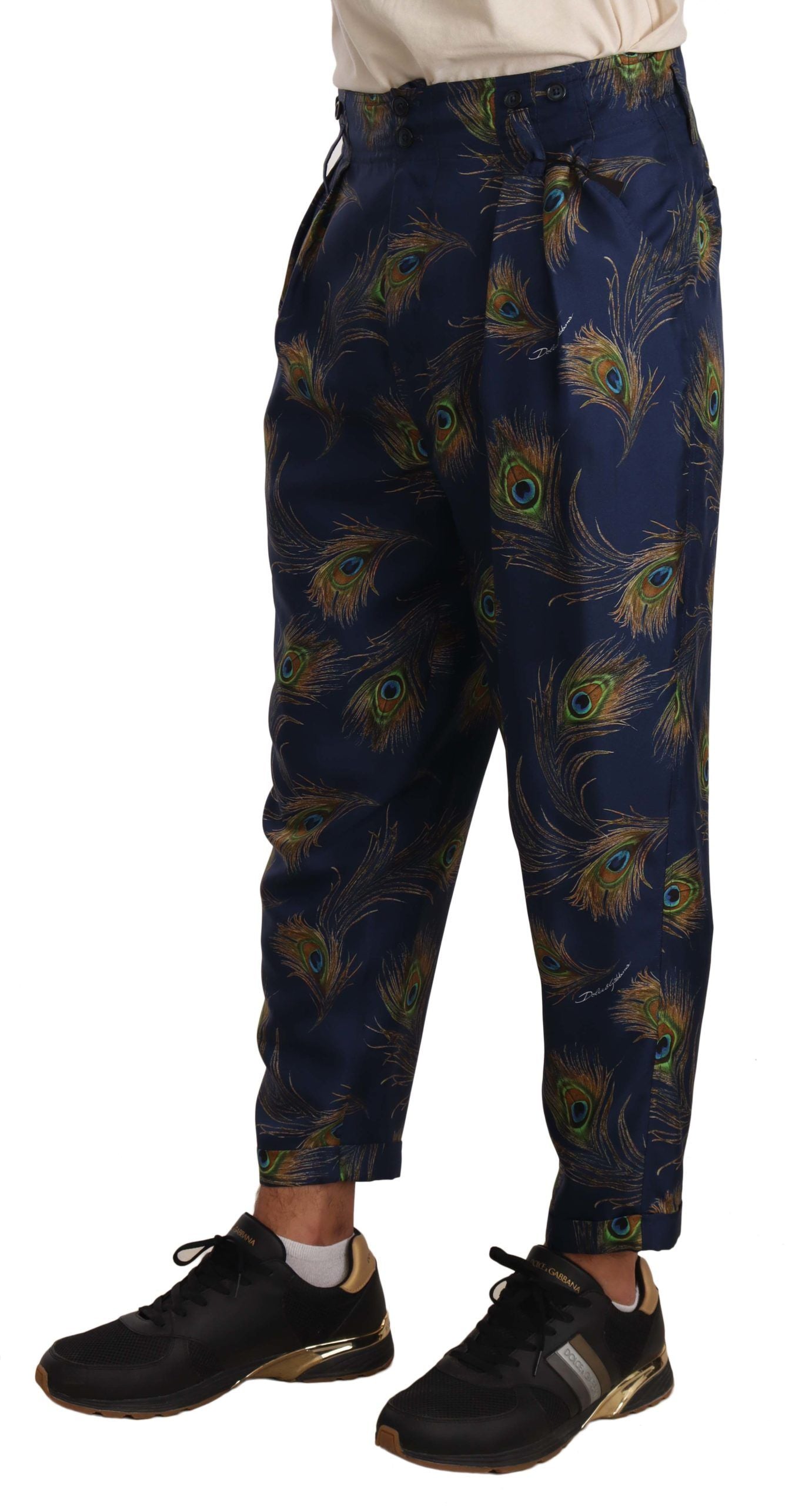Blue Peacock Print Tapered Trousers Silk Pants