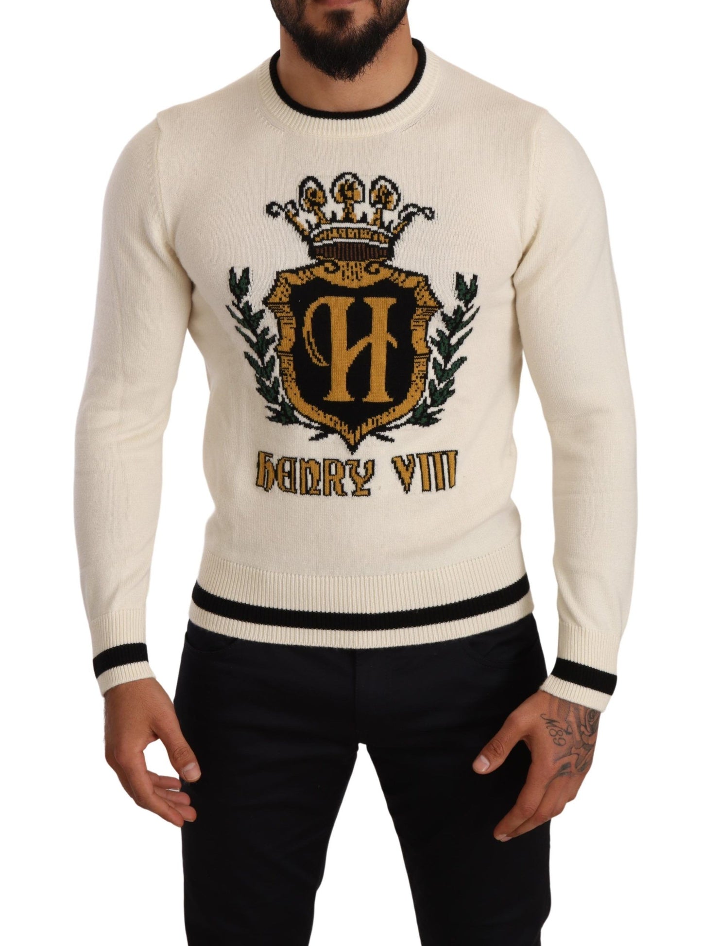 White Heraldic Cashmere Pullover Sweater