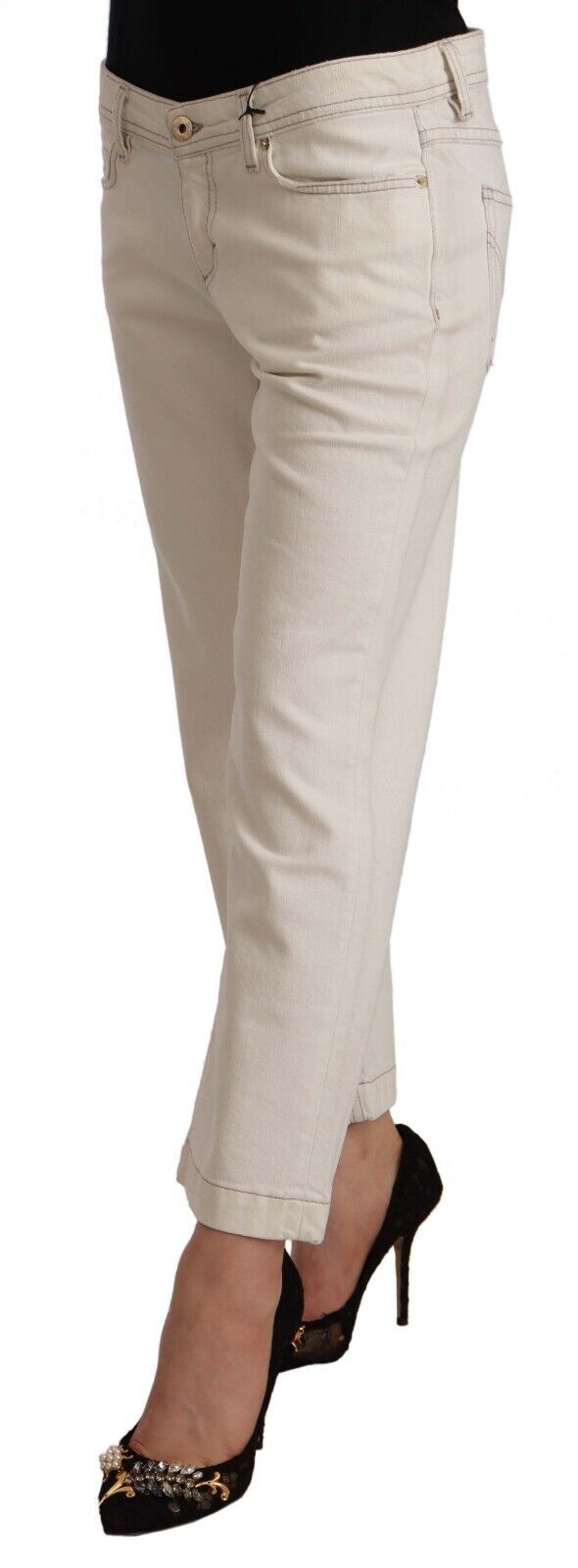 Off White Cotton Flared Cropped Denim Jeans