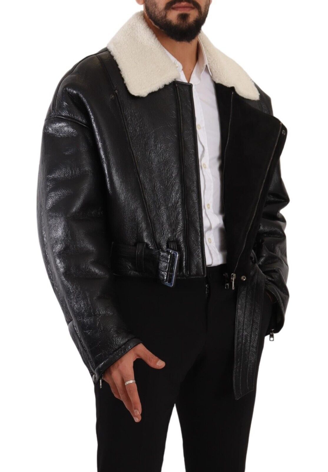 Black Leather Shearling Biker Coat Jacket