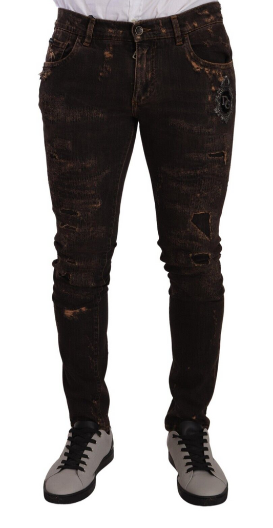 Brown Distressed Slim Fit Skinny Denim Jeans