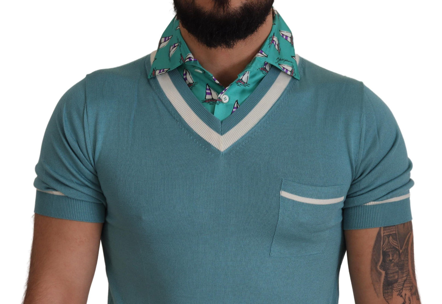 Blue Silk Polo Top Mens V-neck  T-shirt