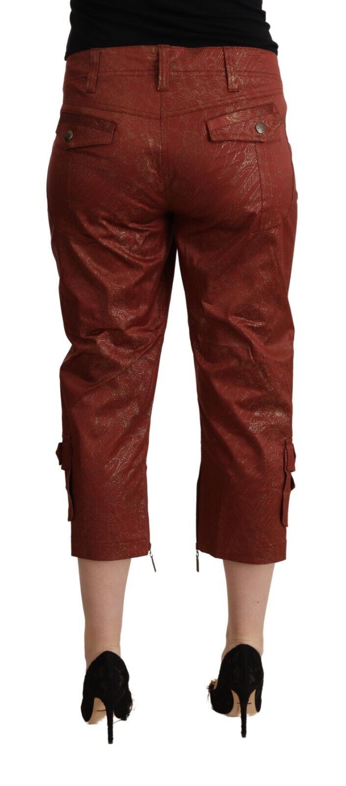 Brown Lurex Mid Waist Cotton Cropped Capri Pants