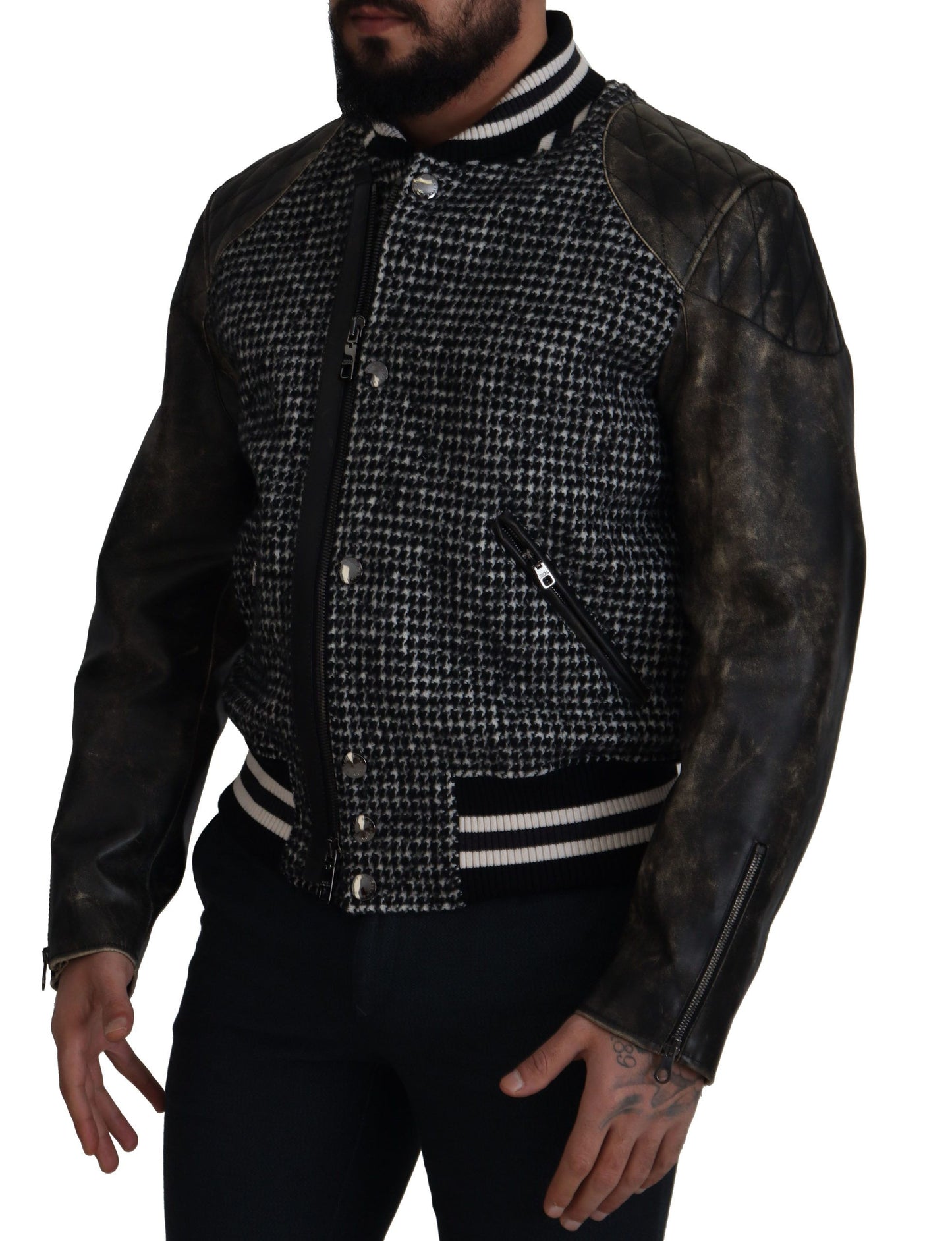 Black Houndstooth Polyester Bomber Jacket