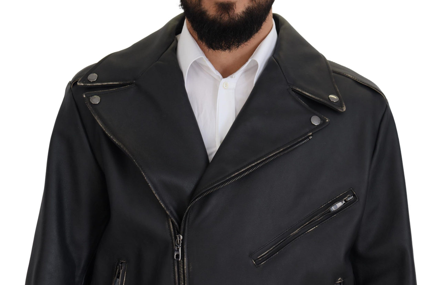 Black Leather Biker Coat Zipper Jacket