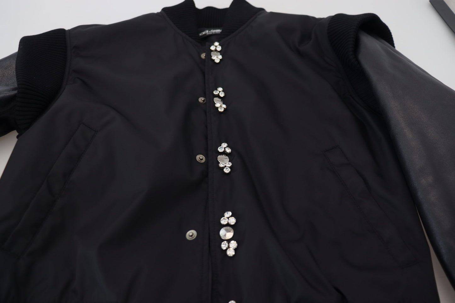 Black Nylon Crystals Coat Buttons Jacket