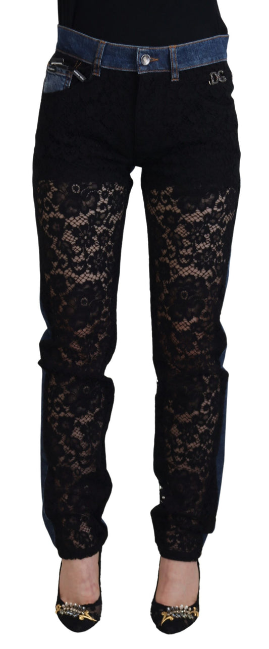 Black Floral Lace Front Skinny Denim Jeans