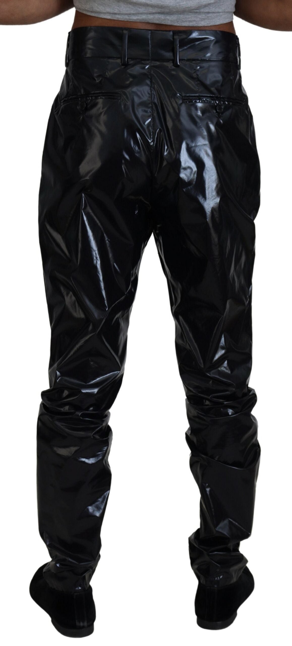 Black Shining Nylon Skinny Men Pants