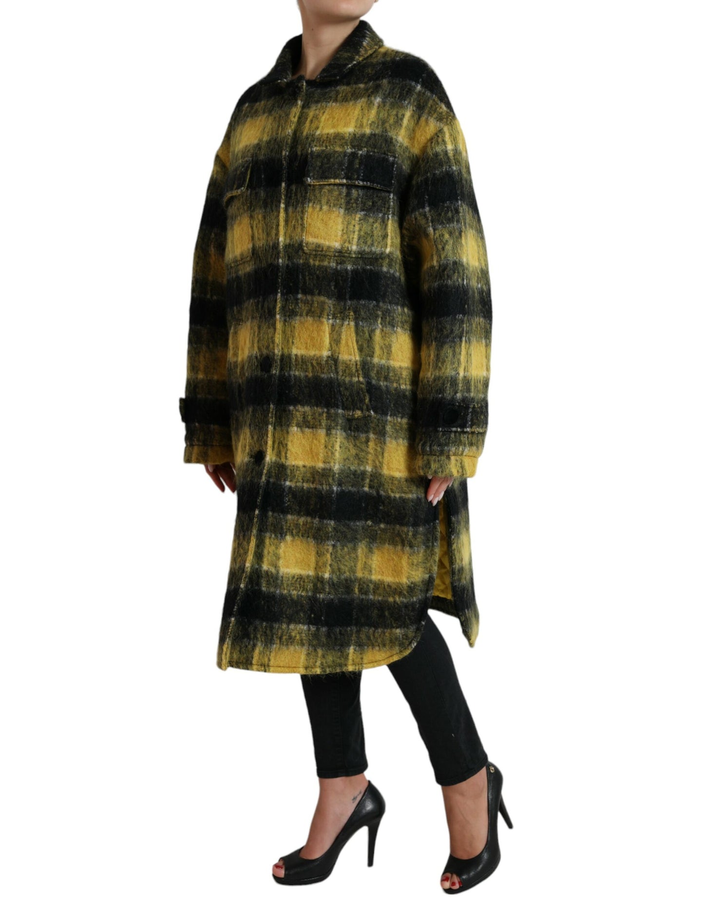 Yellow Plaid Long Sleeve Casual Coat Jacket
