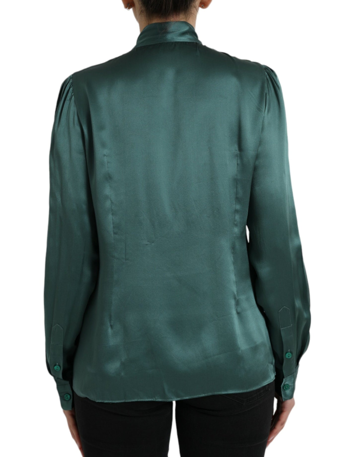 Dark Green Silk Ascot Collar Blouse Top