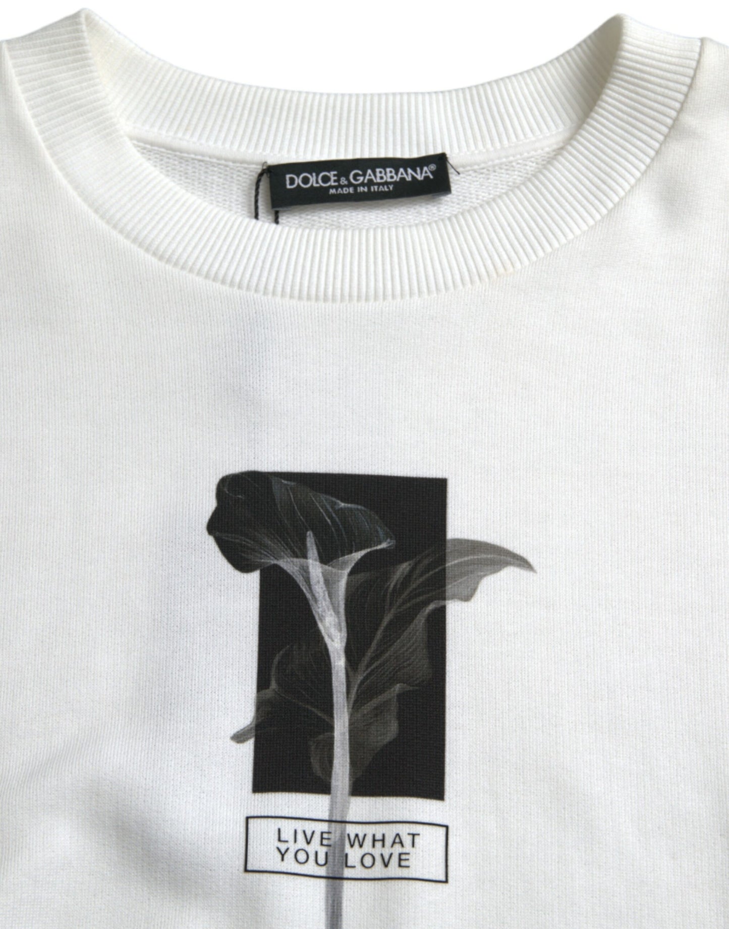 White Floral Cotton Crew Neck Pullover Sweater