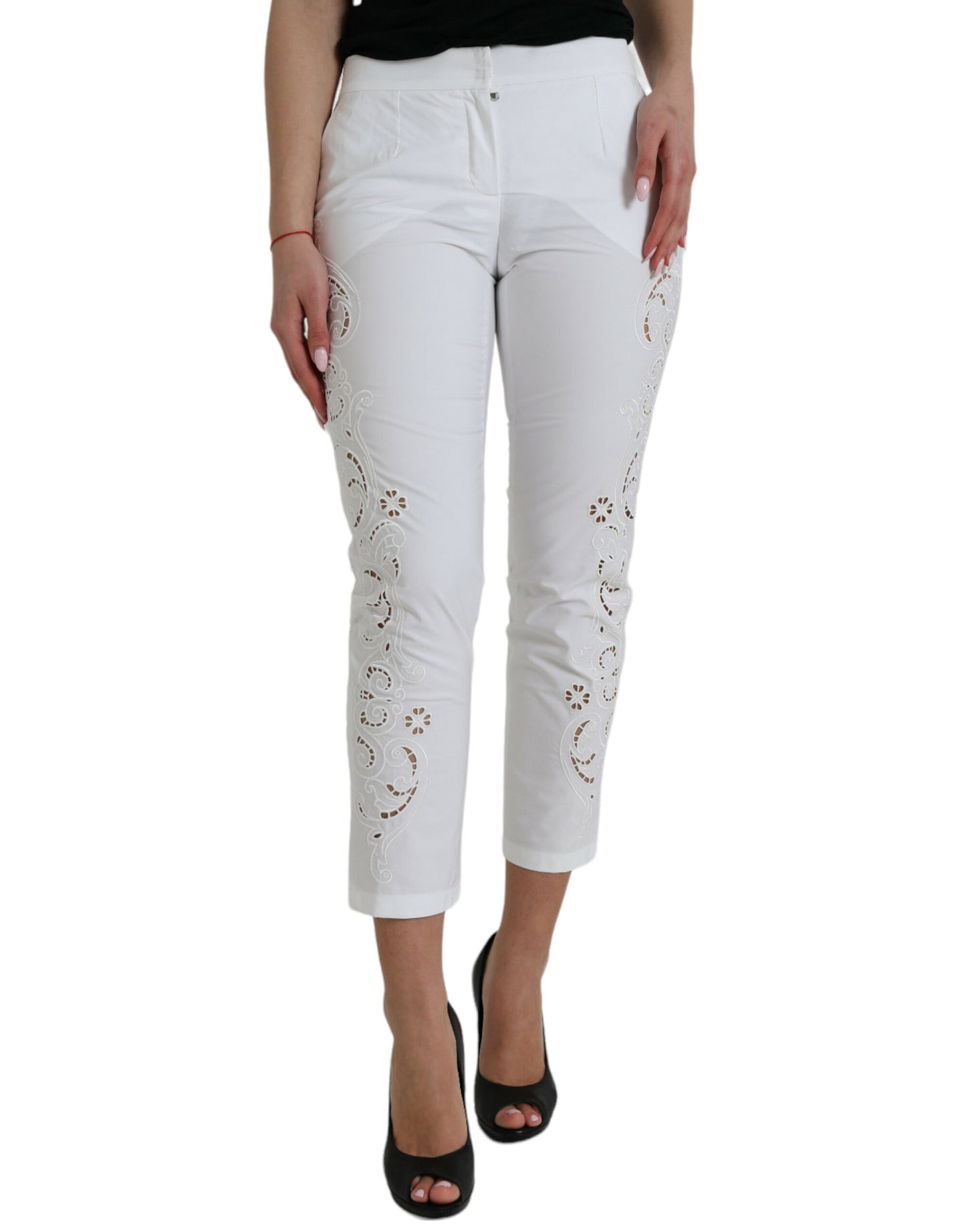 White Cut Out Cotton Mid Waist Cropped Pants