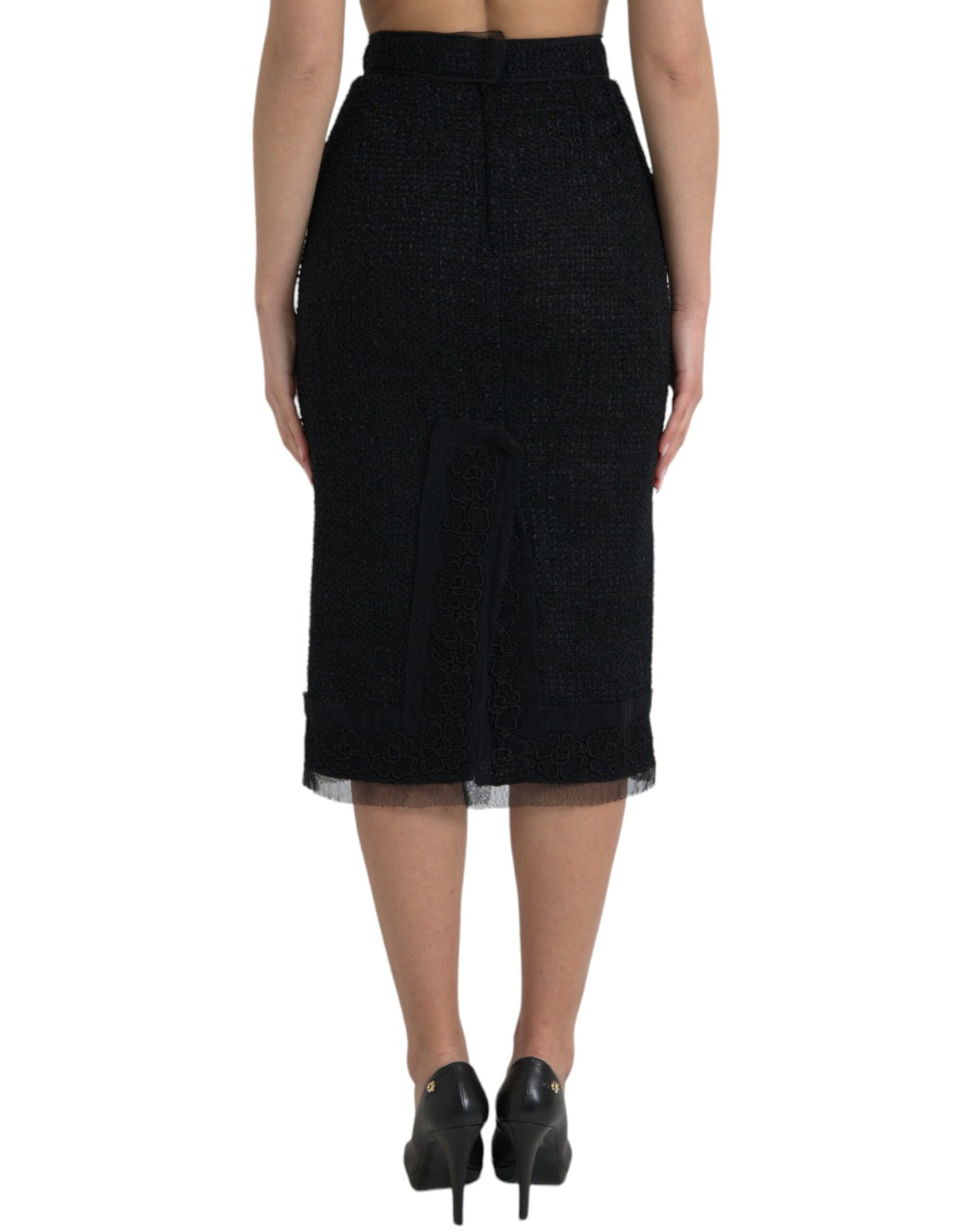 Black Wool High Waist Pencil Cut Midi Skirt