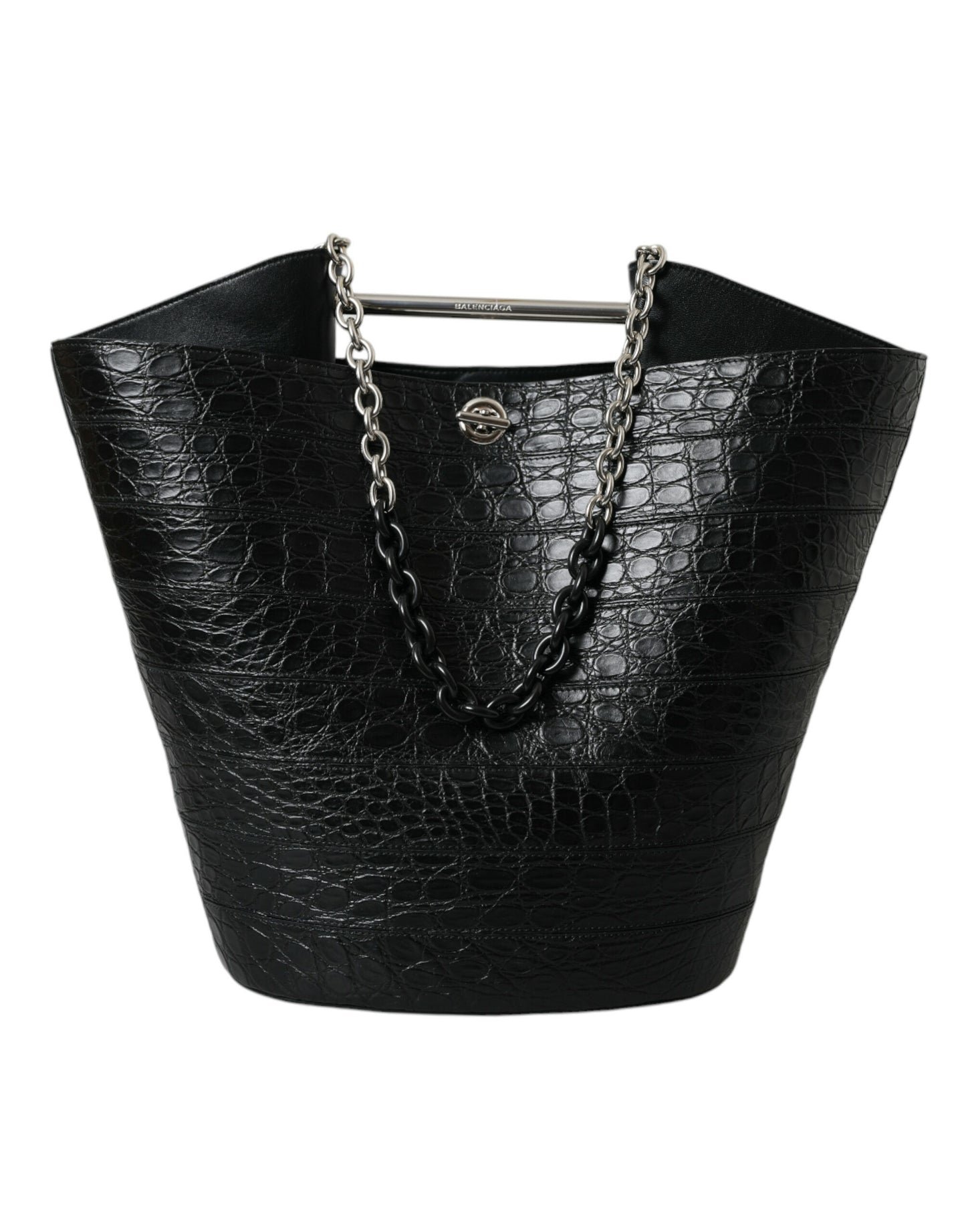 Black Exotic Skin Leather Maxi Bucket Tote Purse Bag